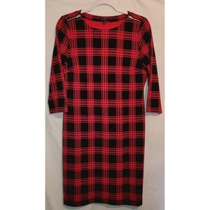 Talbots Sheath Dress Pet Medium Red Black Plaid Cotton Knit Stretch 3/4 Slv Knee